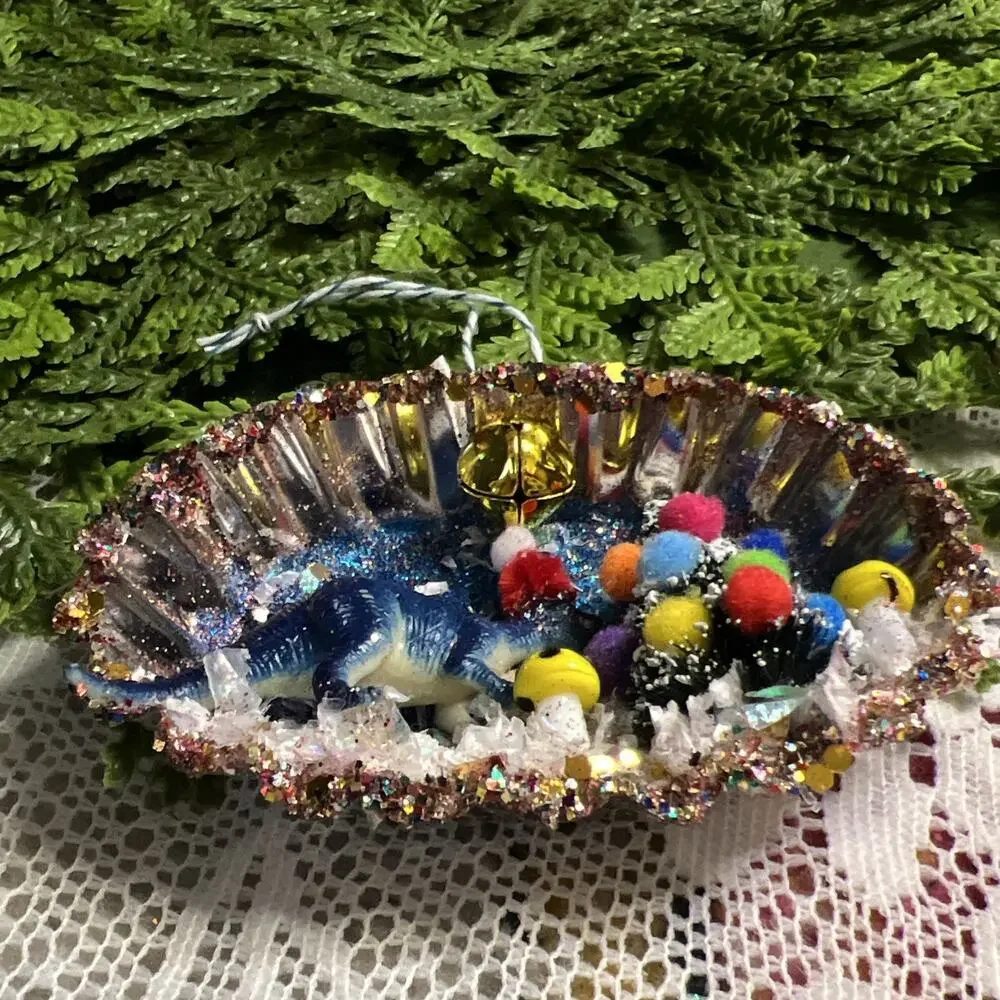 Vintage Oval Tart Tin Dinosaur Tree Diorama Mid Century Style Glitter Ornament